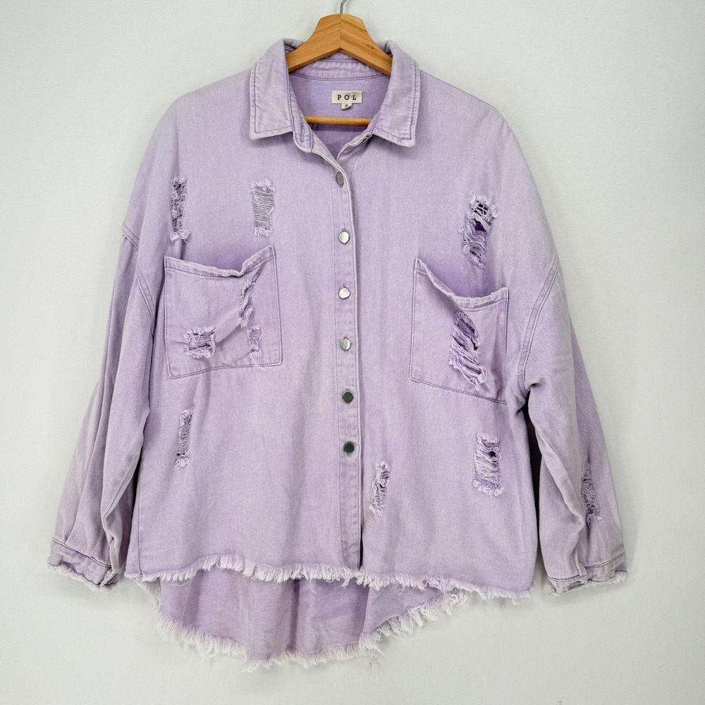 POL Distressed Denim Shirt Jacket Womens Small Purple Frayed Grunge Boho Shacket